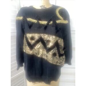 Vintage 80s Women's Sweater Bonnie and Bill by Holly Black Gold Glitter Sz Large